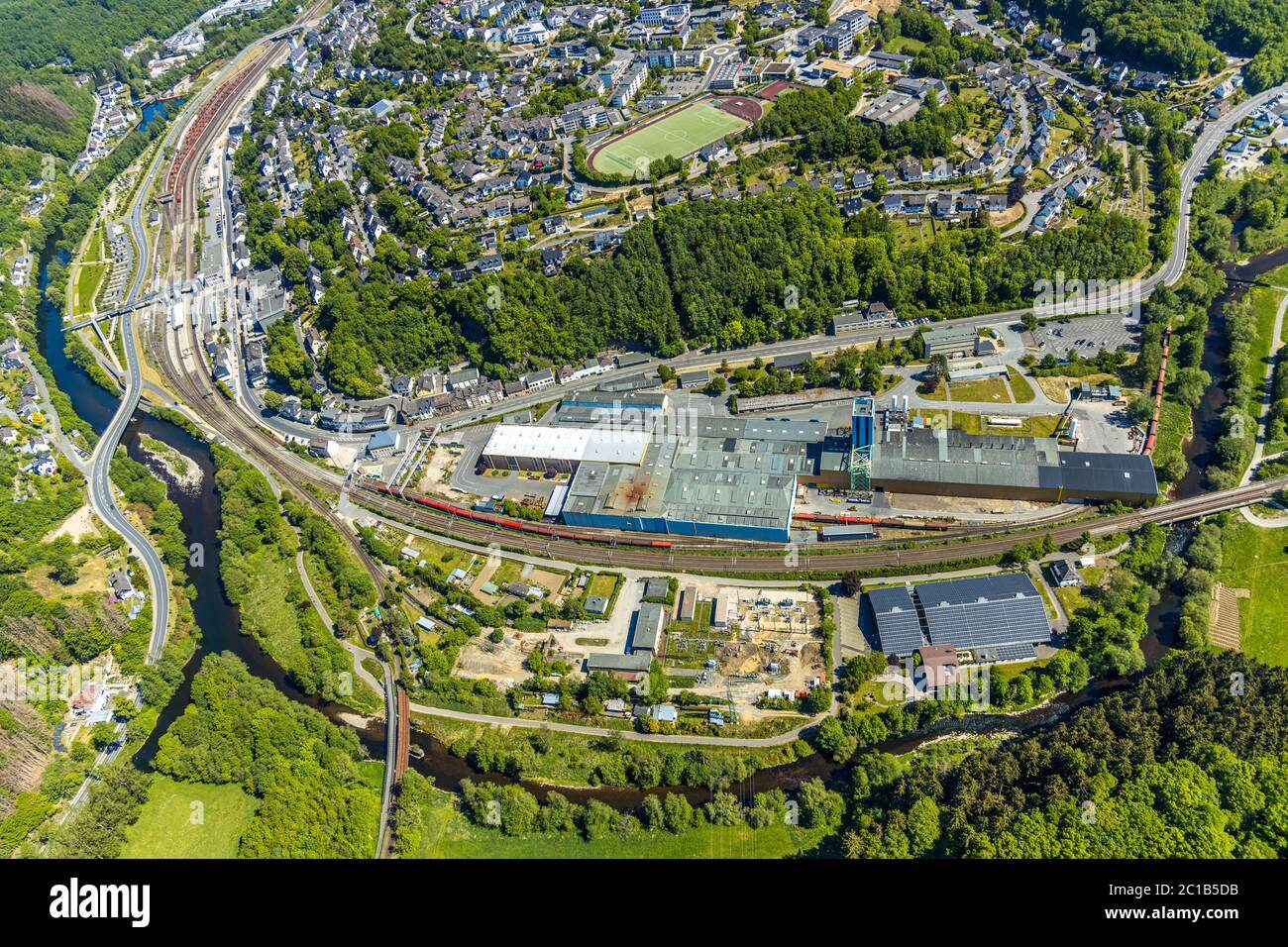 Aerial photograph, Finnentrop railway station, ThyssenKrupp Steel, River Lenne, FC Finnentrop sports ground, Finnentrop, Sauerland, North Rhine-Westph Stock Photo