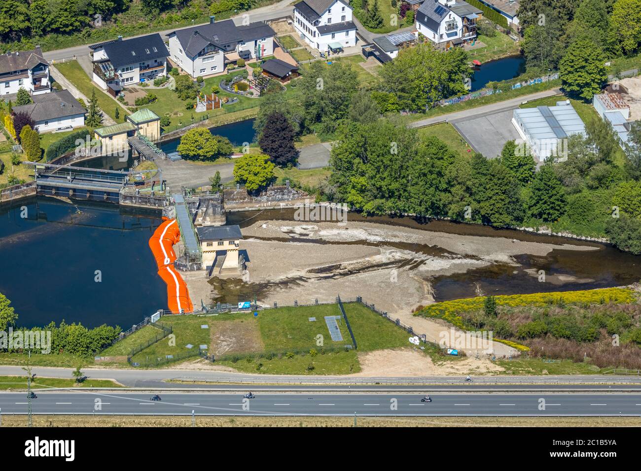 aerial view, barrier at the historic Lenneweir, hose system, river Lenne, Obergraben, Finnentrop, Sauerland, North Rhine-Westphalia, Germany, construc Stock Photo