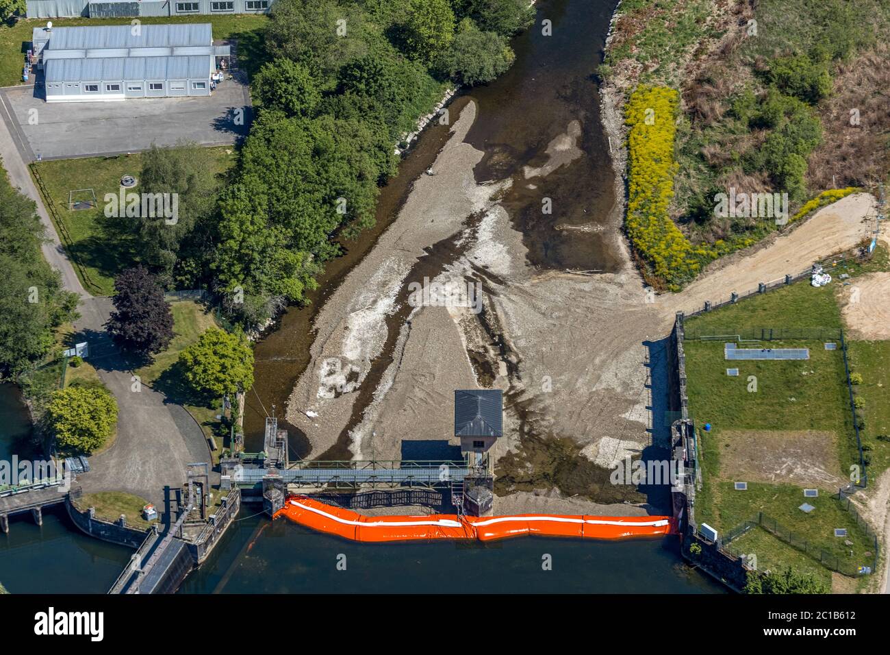 aerial view, barrier at the historic Lenneweir, hose system, river Lenne, Obergraben, Finnentrop, Sauerland, North Rhine-Westphalia, Germany, construc Stock Photo