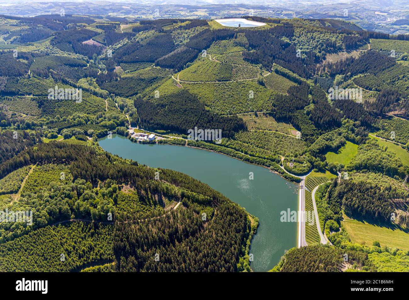 , aerial photograph, Glingebachtalsperre, pumped storage power plant Herdecke, lower basin, district Rönkhausen-Glinge, Finnentrop, Sauerland, North R Stock Photo