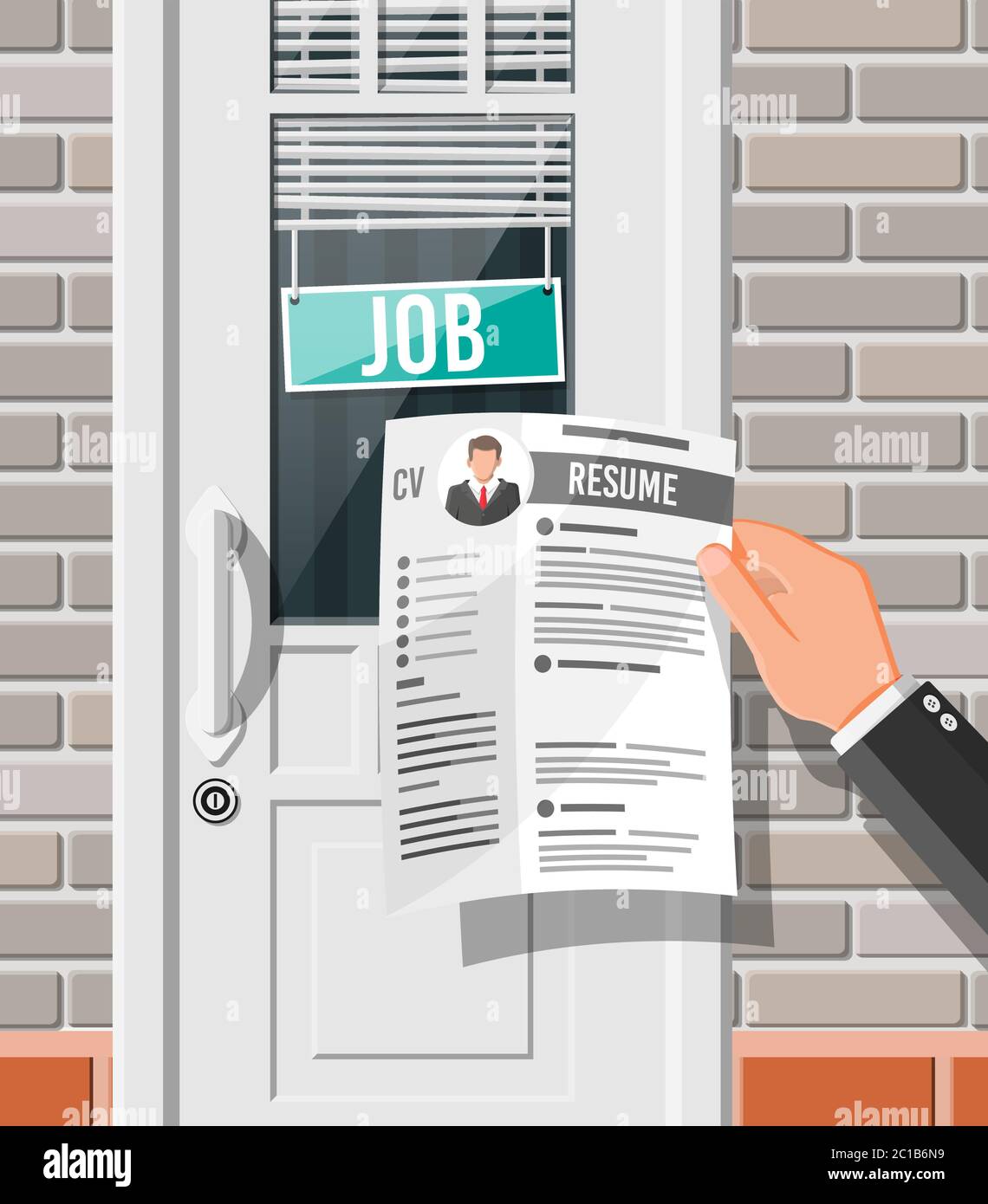 Hand holding job application office door with vacancy sign. Job search