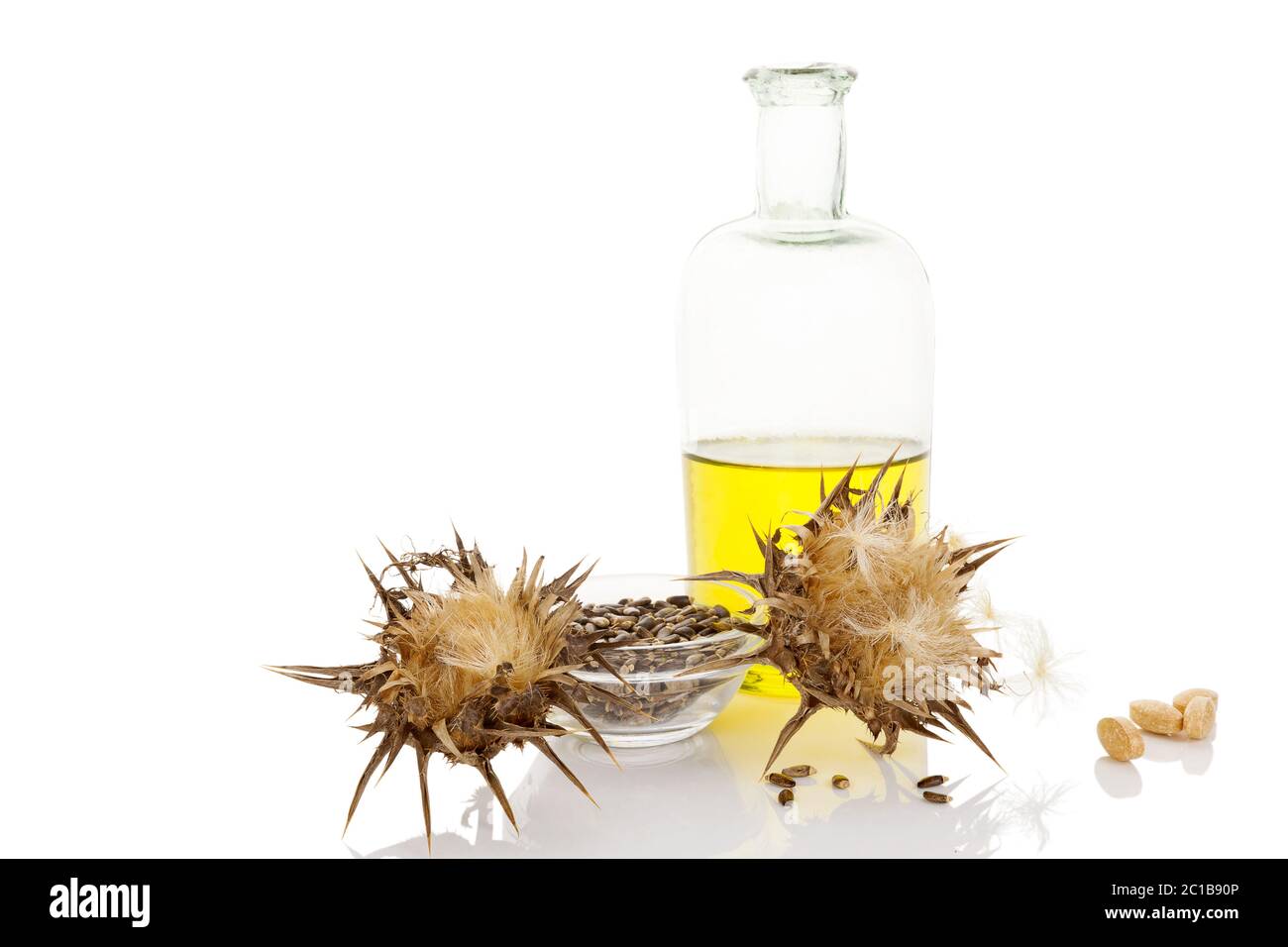 Milk Thistle flowers, seeds and oil extract Stock Photo Alamy