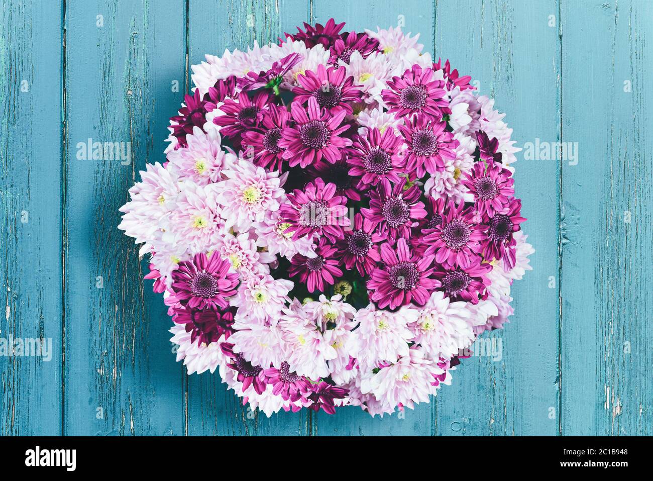 above view of bouquet of chrysanthemum flowers on rustic blue wooden table Stock Photo