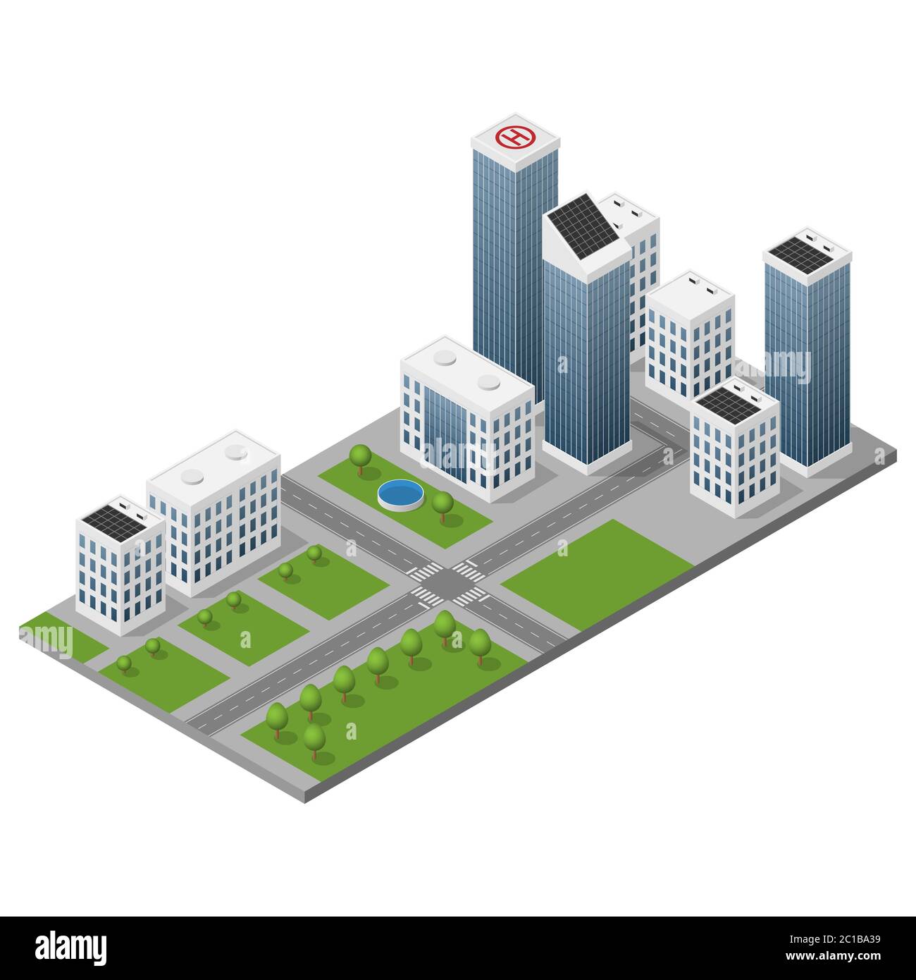 Isometric isolated modern city with skyscrapers, streets, sidewalks and trees. Stock Vector