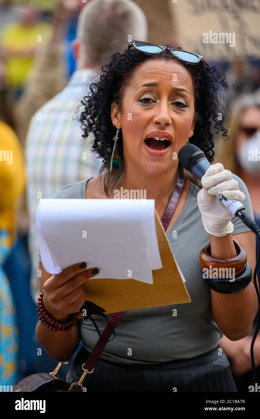 Richmond, North Yorkshire, UK - June 14, 2020: A female speaker at a Black Lives Matter protest in Richmond, North Yorkshire Stock Photo