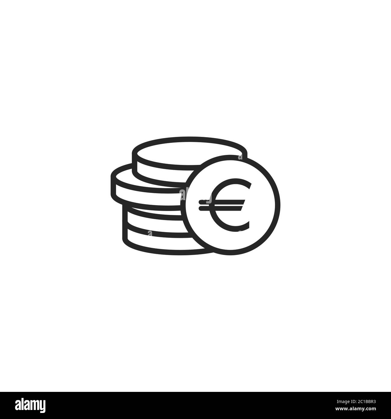 Stack of euro coins with coin in front of it. Flat black icon. Isolated on white. Economy, finance, money pictogram. Wealth symbol. Vector illustratio Stock Vector