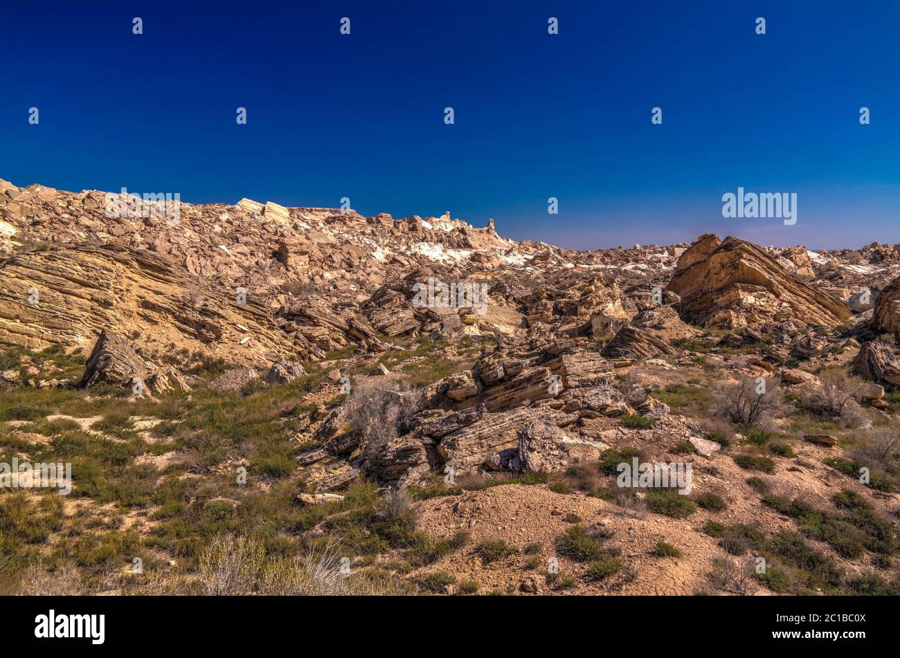 Panorama view to Plateau Ustyurt from the edge of Aral sea at Duana cape, Karakalpakstan, Uzbekistan Stock Photo