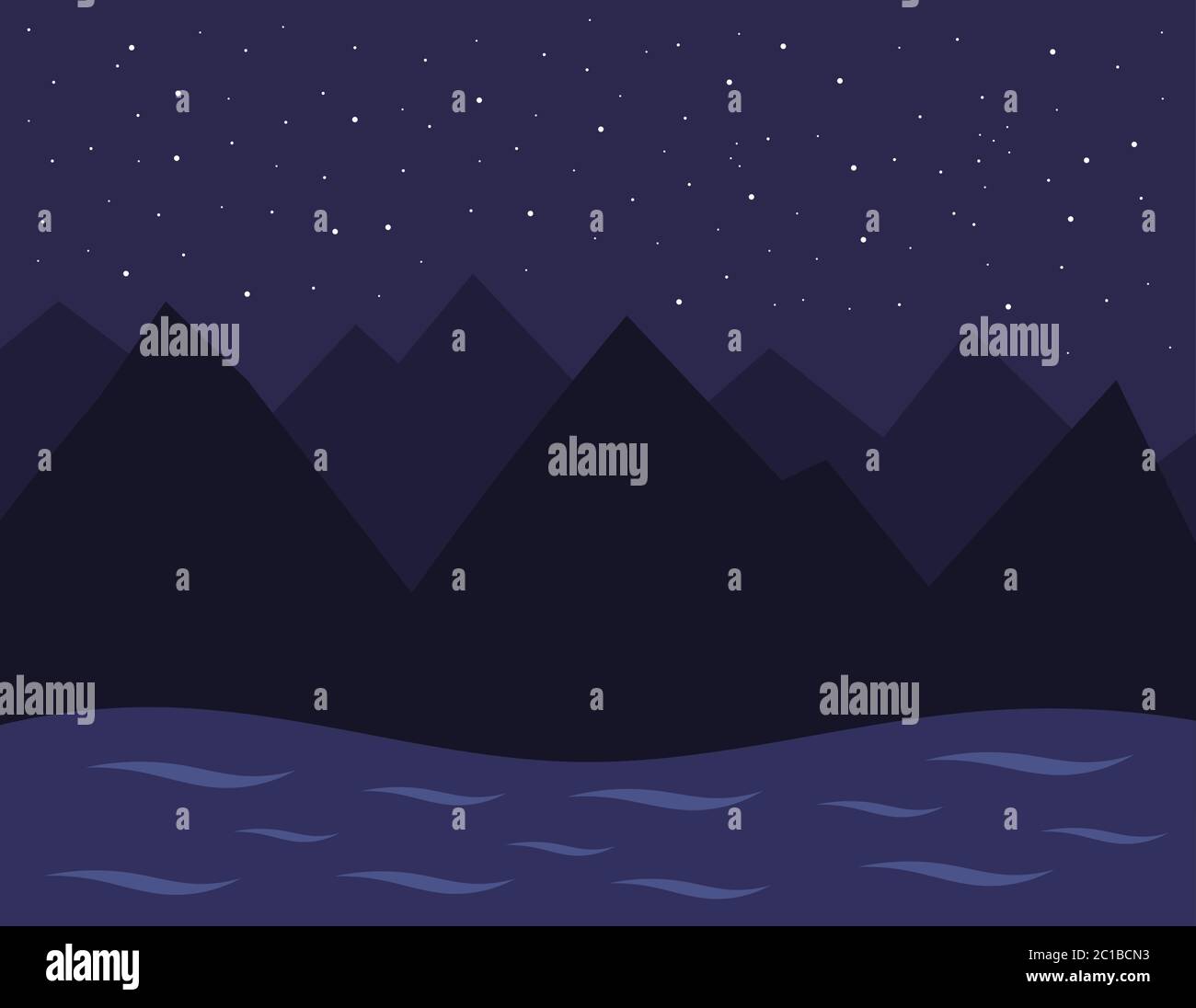 Night landscape of mountains, river and starry sky. Vector illustration. Stock Vector