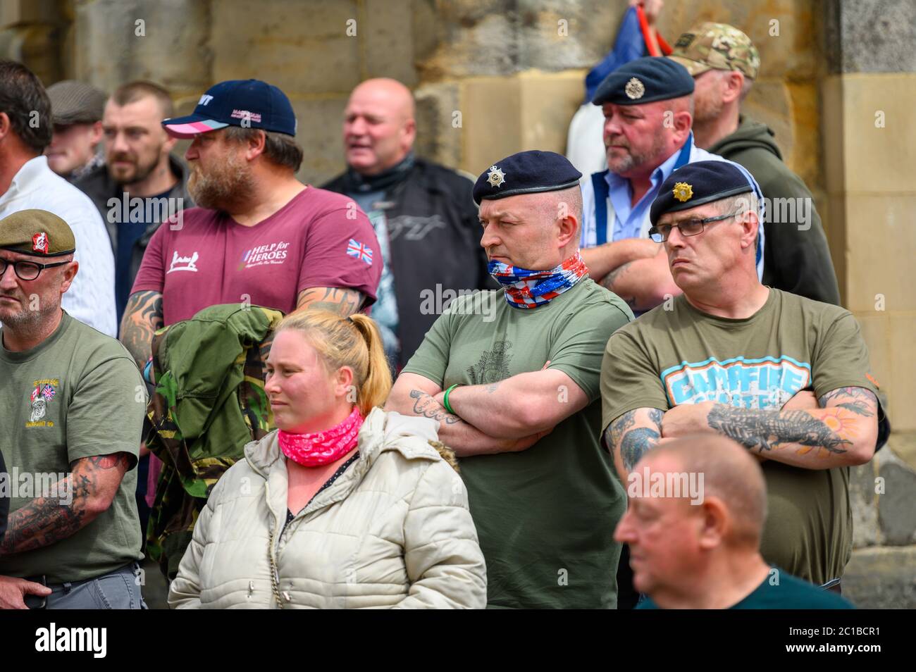 Richmond, North Yorkshire, UK - June 14, 2020: Angry Ex Servicemen Counter Protesters wear military berets at a Black Lives Matter protest Stock Photo