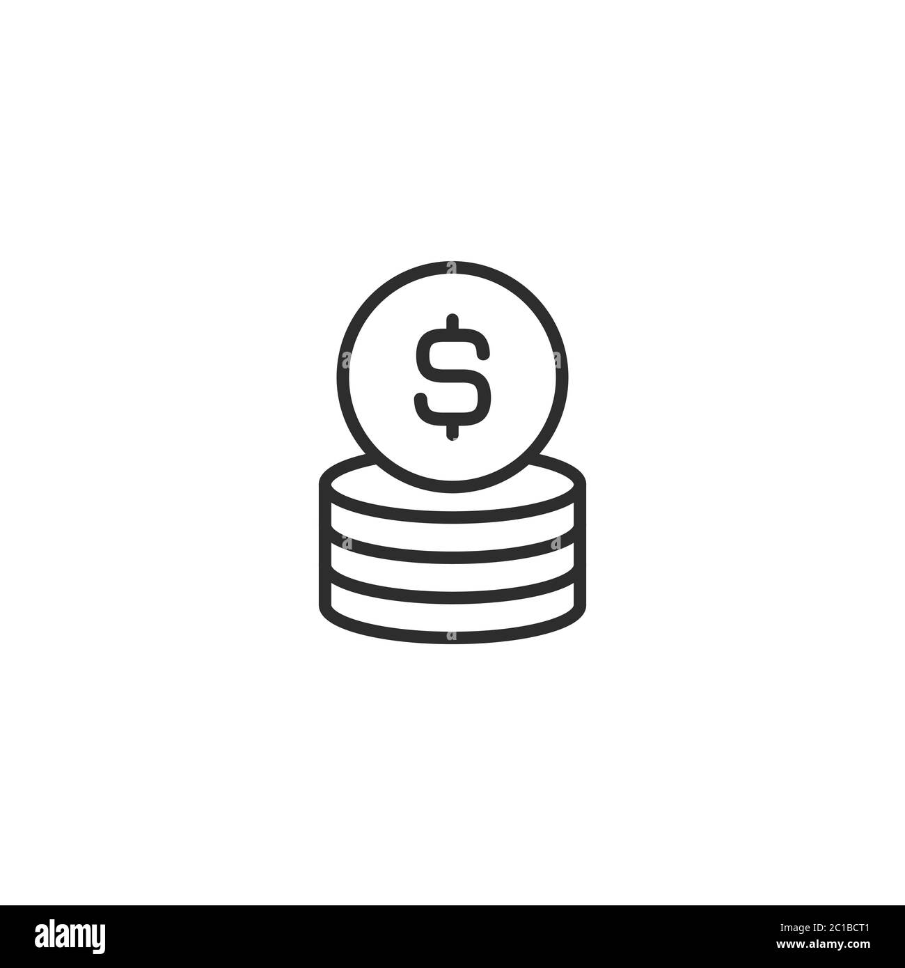 Stack of dollar coins with coin in front of it. Flat black icon. Isolated on white. Economy, finance, money pictogram. Wealth symbol. Vector illustrat Stock Vector