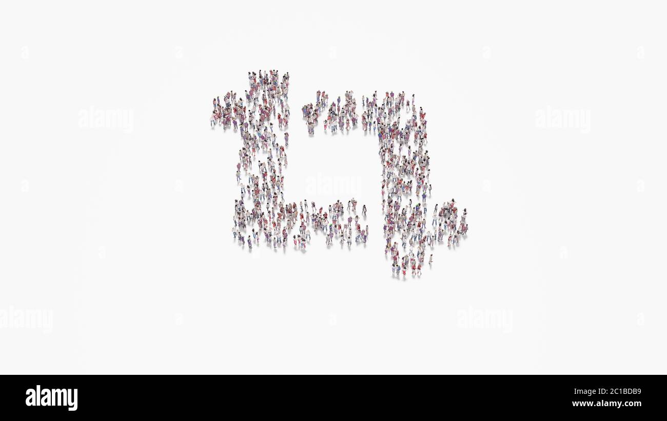 3d rendering of crowd of different people in shape of symbol of crop frame on white background isolated Stock Photo