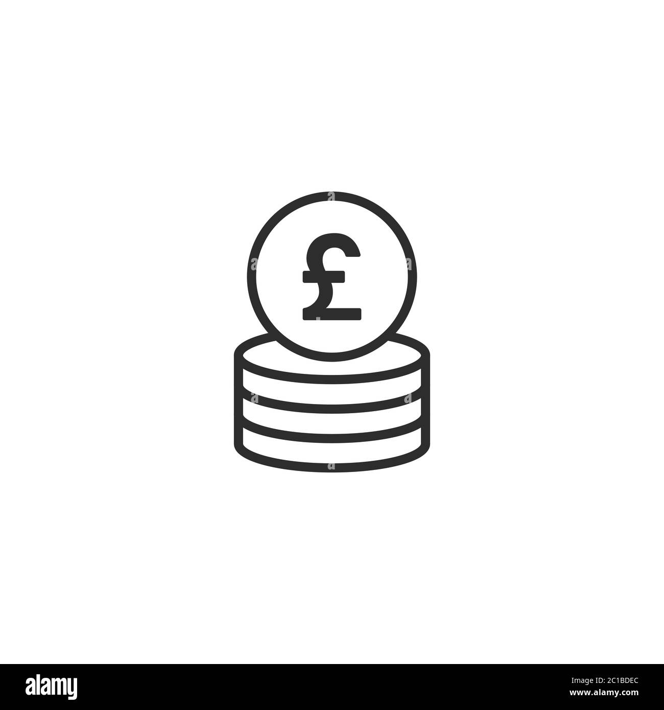 Stack of pound sterling coins with coin in front of it. Flat black icon. Isolated on white. Economy, finance, money pictogram. Wealth symbol. Vector i Stock Vector