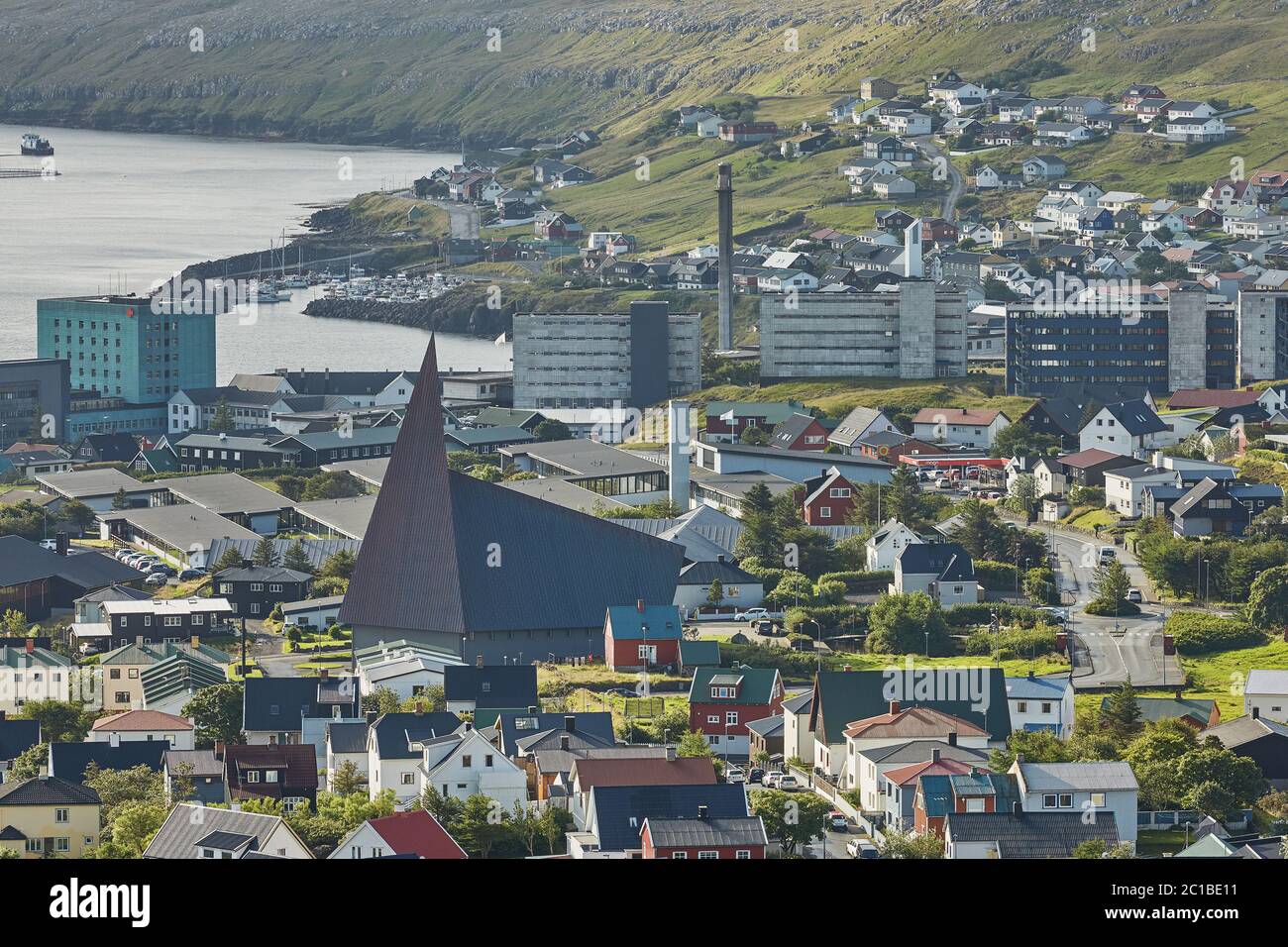 Torshavn, Capital of Faroe Islands with its downtown area and port in bay Stock Photo