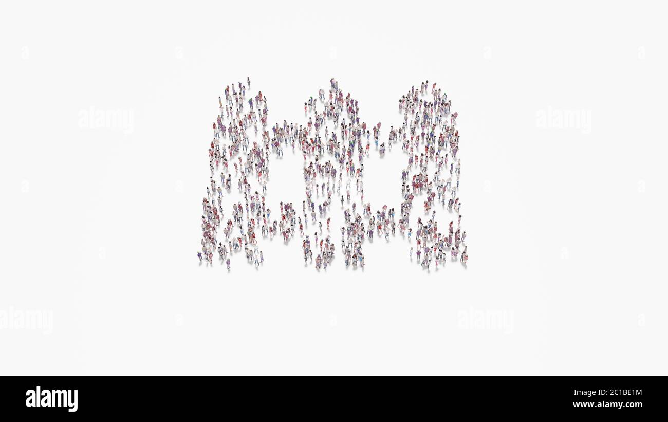 3d rendering of crowd of different people in shape of symbol of fence from three panels on white background isolated Stock Photo