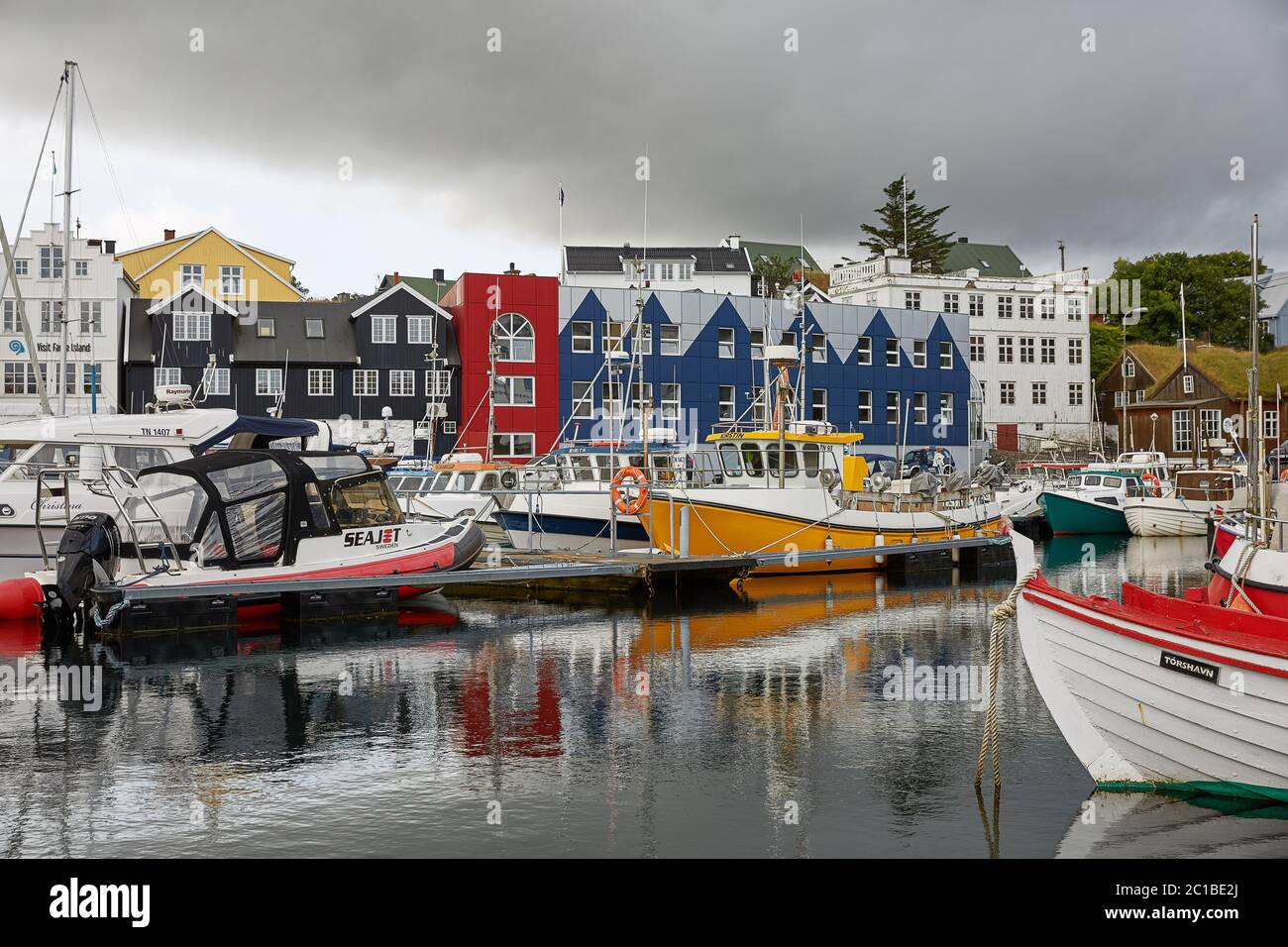 Torshawn, Capital of Faroe Islands with its downtown area and port in bay Stock Photo