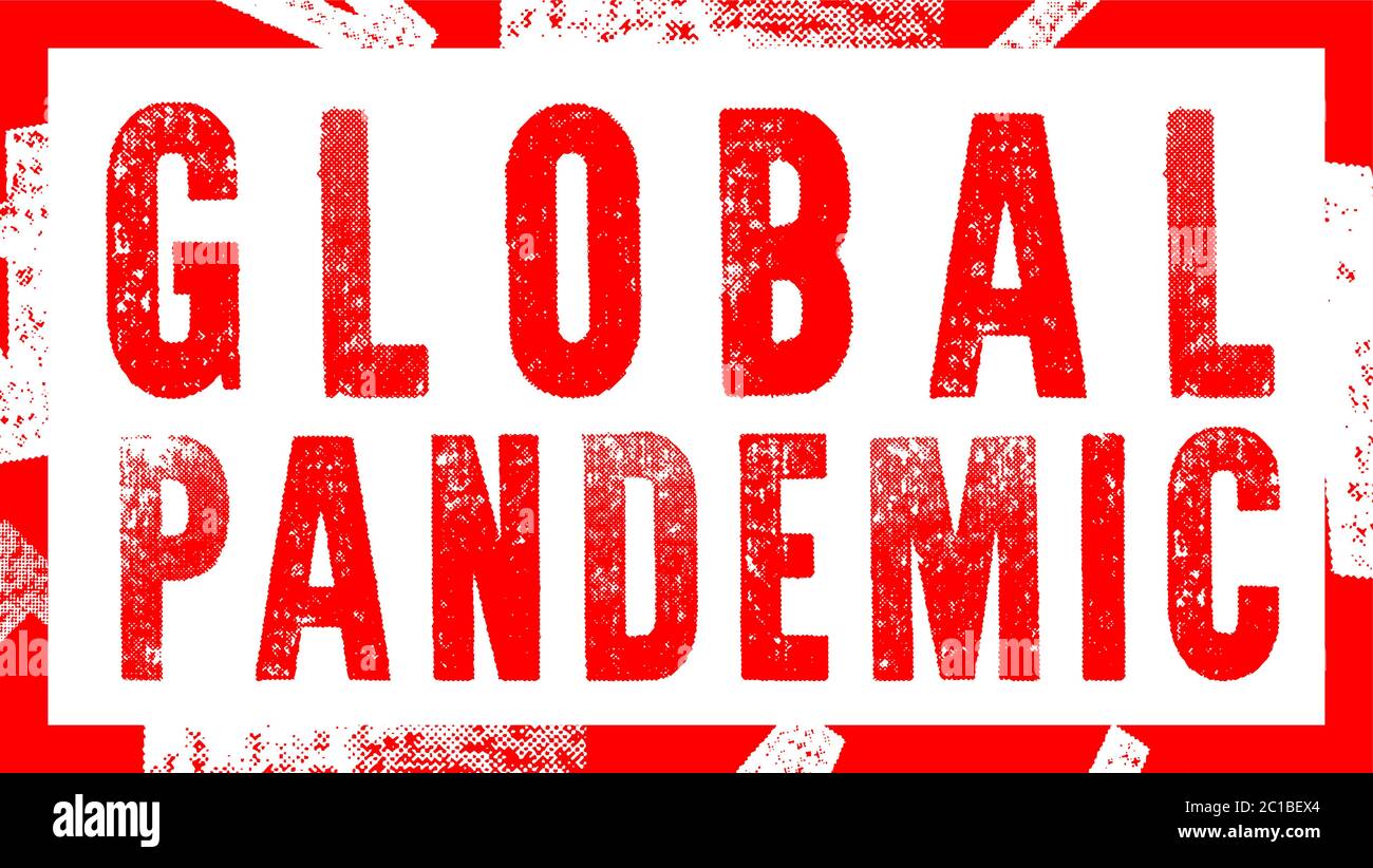 Damaged stamp with red inscription global pandemic stamp on white
