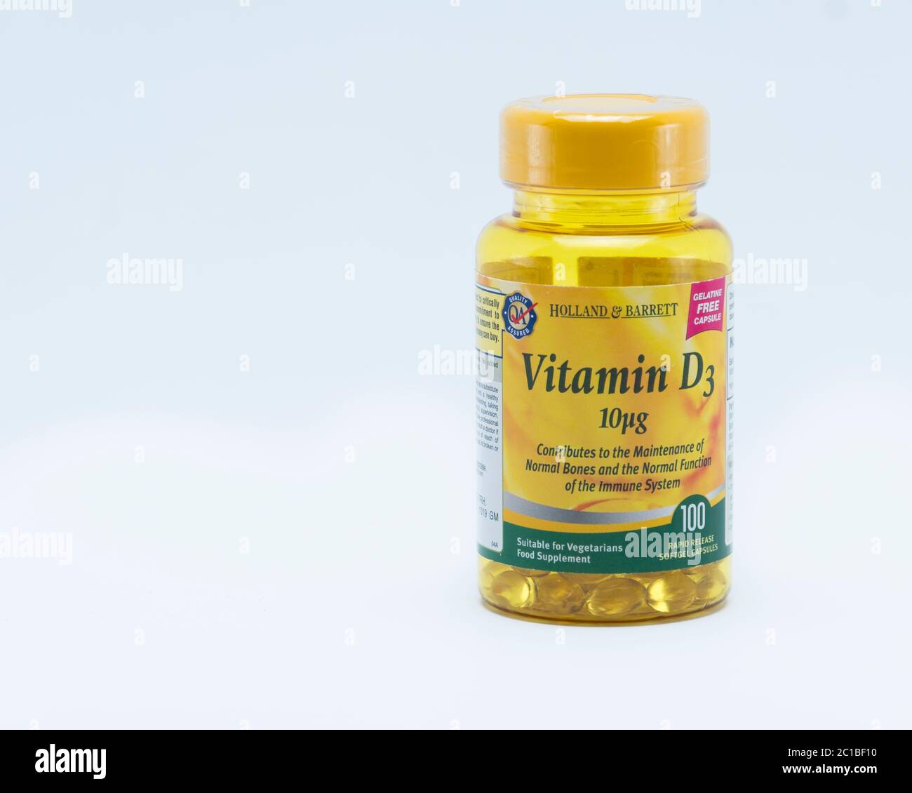 A bottle of Vitamin D Supplement. Stock Photo