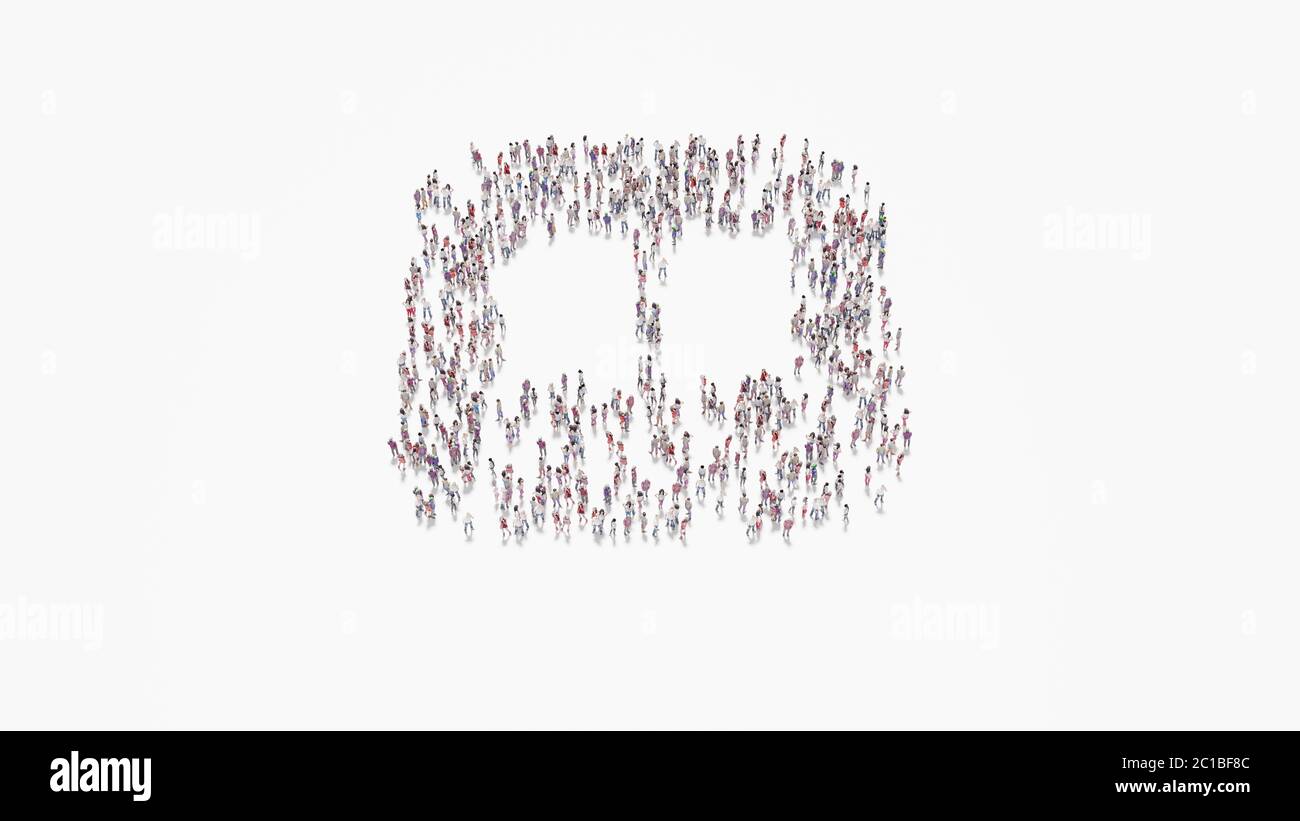 3d rendering of crowd of different people in shape of symbol of book in ...