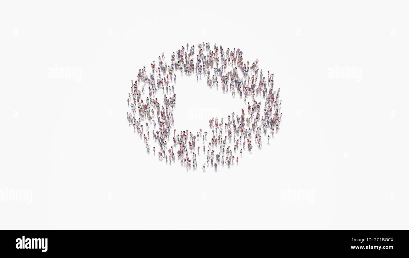 3d rendering of crowd of different people in shape of symbol of rounded ...