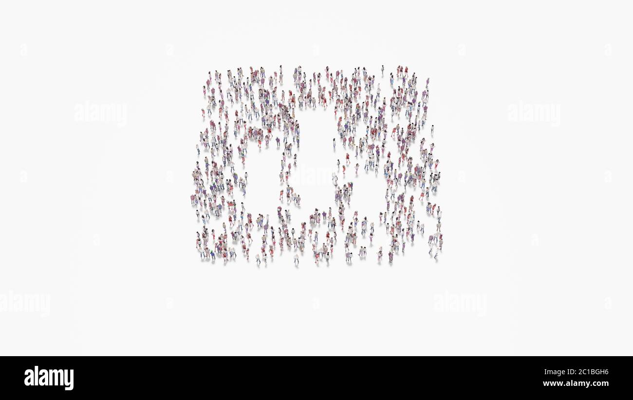 3d rendering of crowd of different people in shape of symbol of three ...