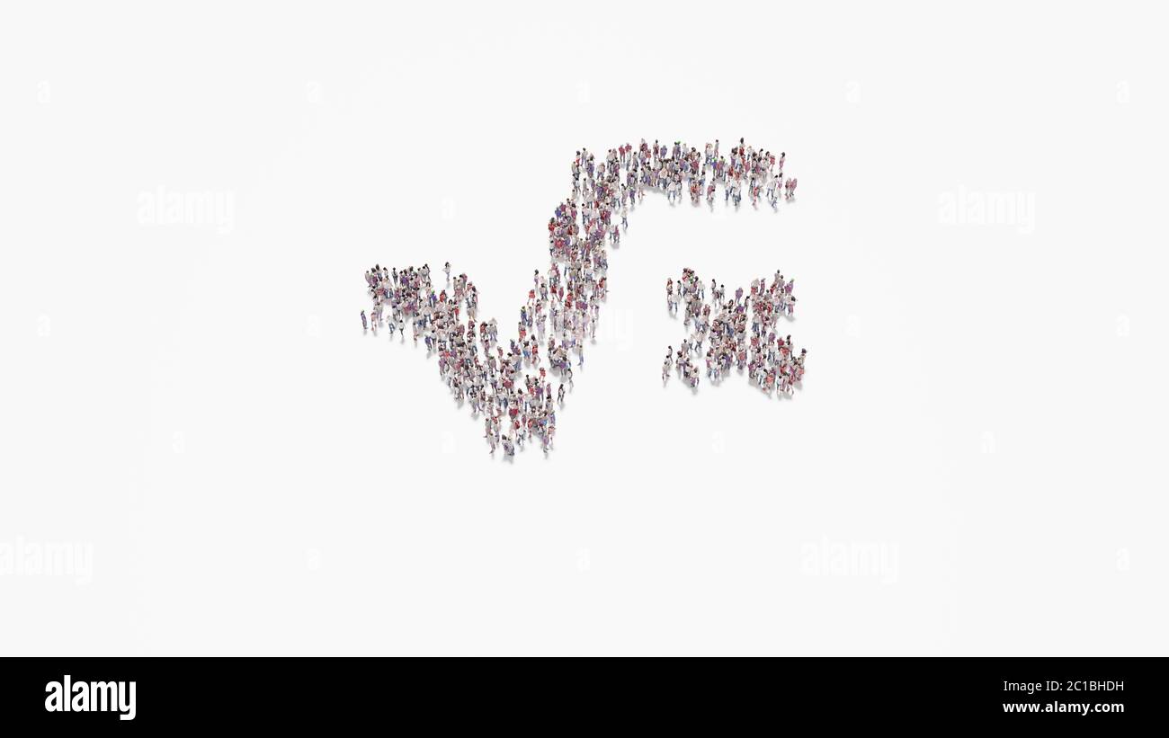 3d rendering of crowd of different people in shape of symbol of root and letter x on white background isolated Stock Photo