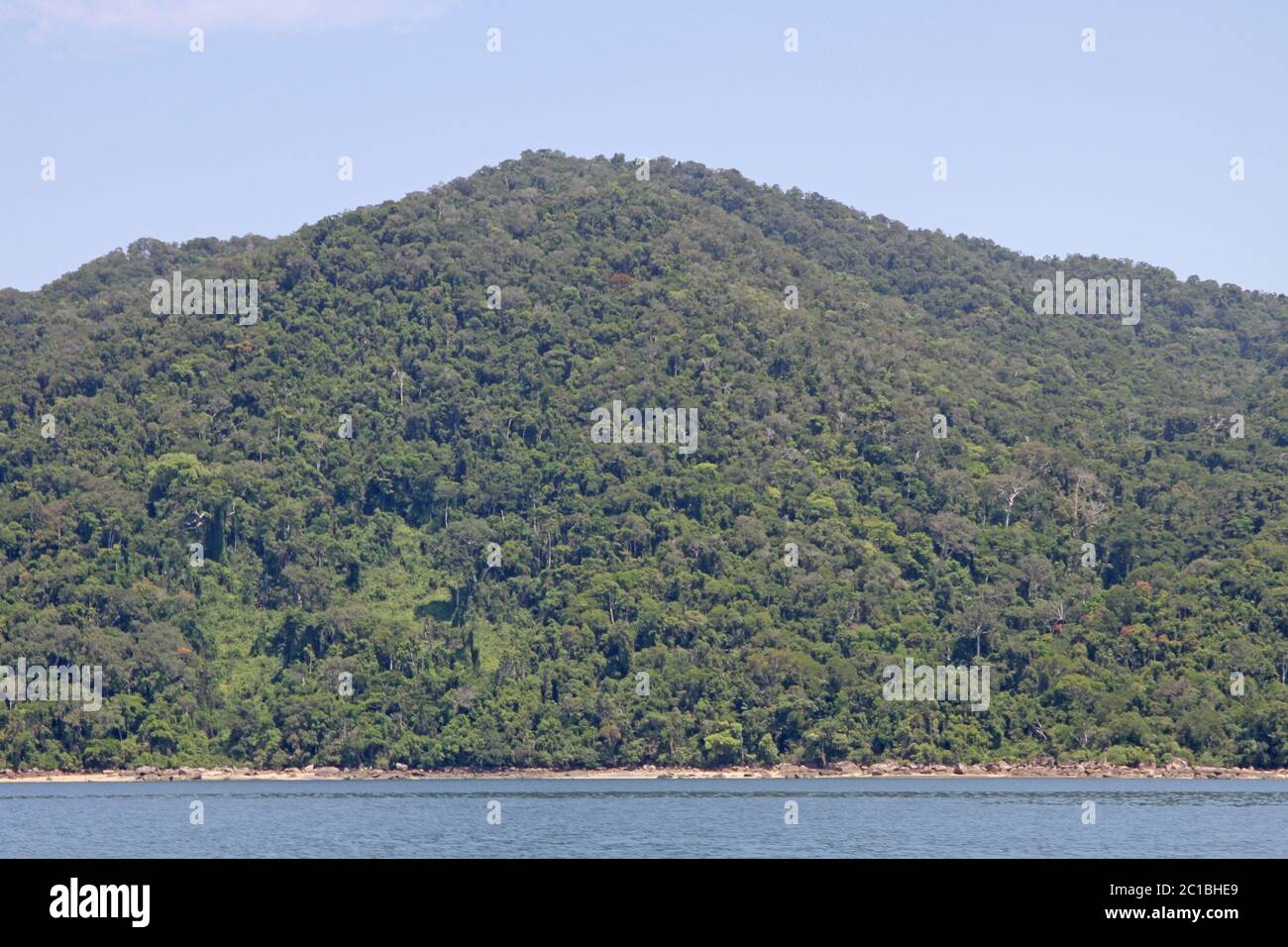View of the Lokobe Strict Nature Reserve on Nosy Be Island from a boat Madagascar. Stock Photo