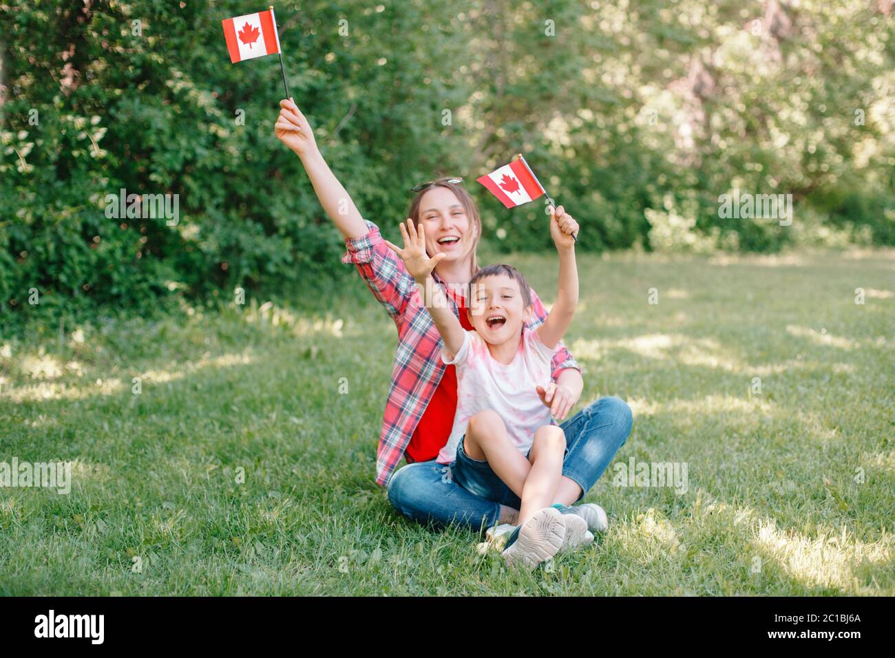 Family mom with son celebrating national Canada Day on 1st of July