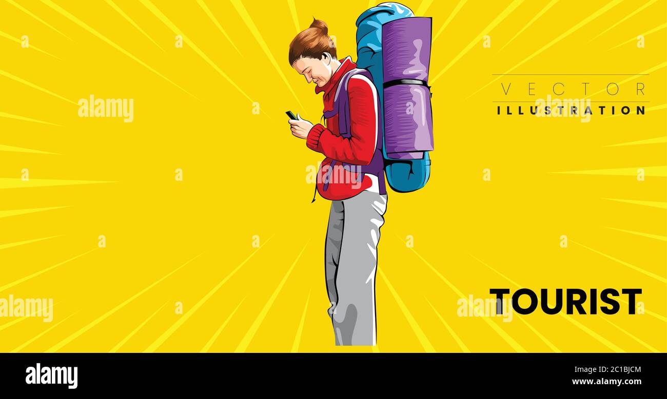 Red jacket blue backpack Stock Vector Images Alamy