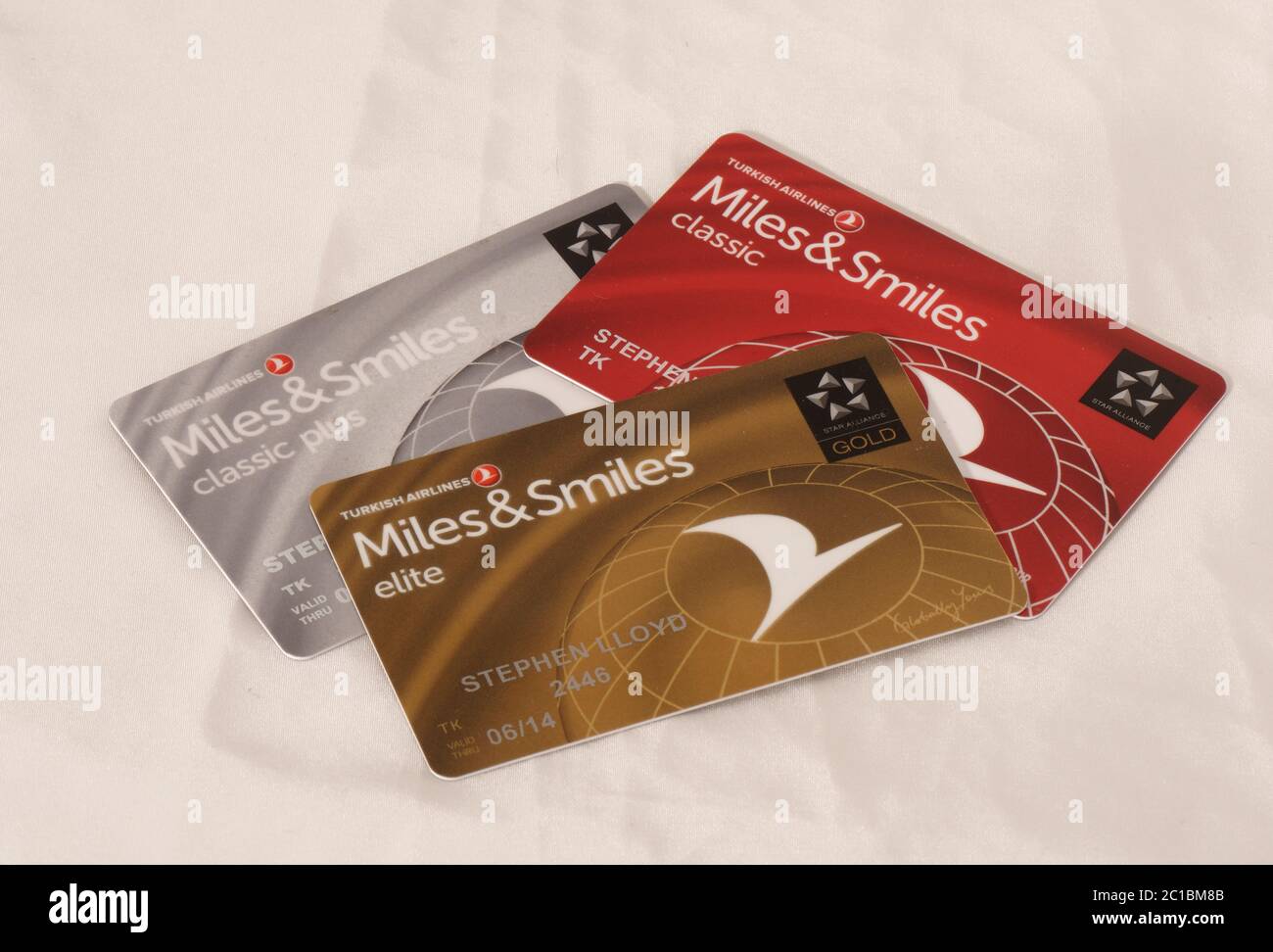 Elite, Classic and Silver frequent flyer programme cards for Turkish airlines 'Star Alliance' Stock Photo