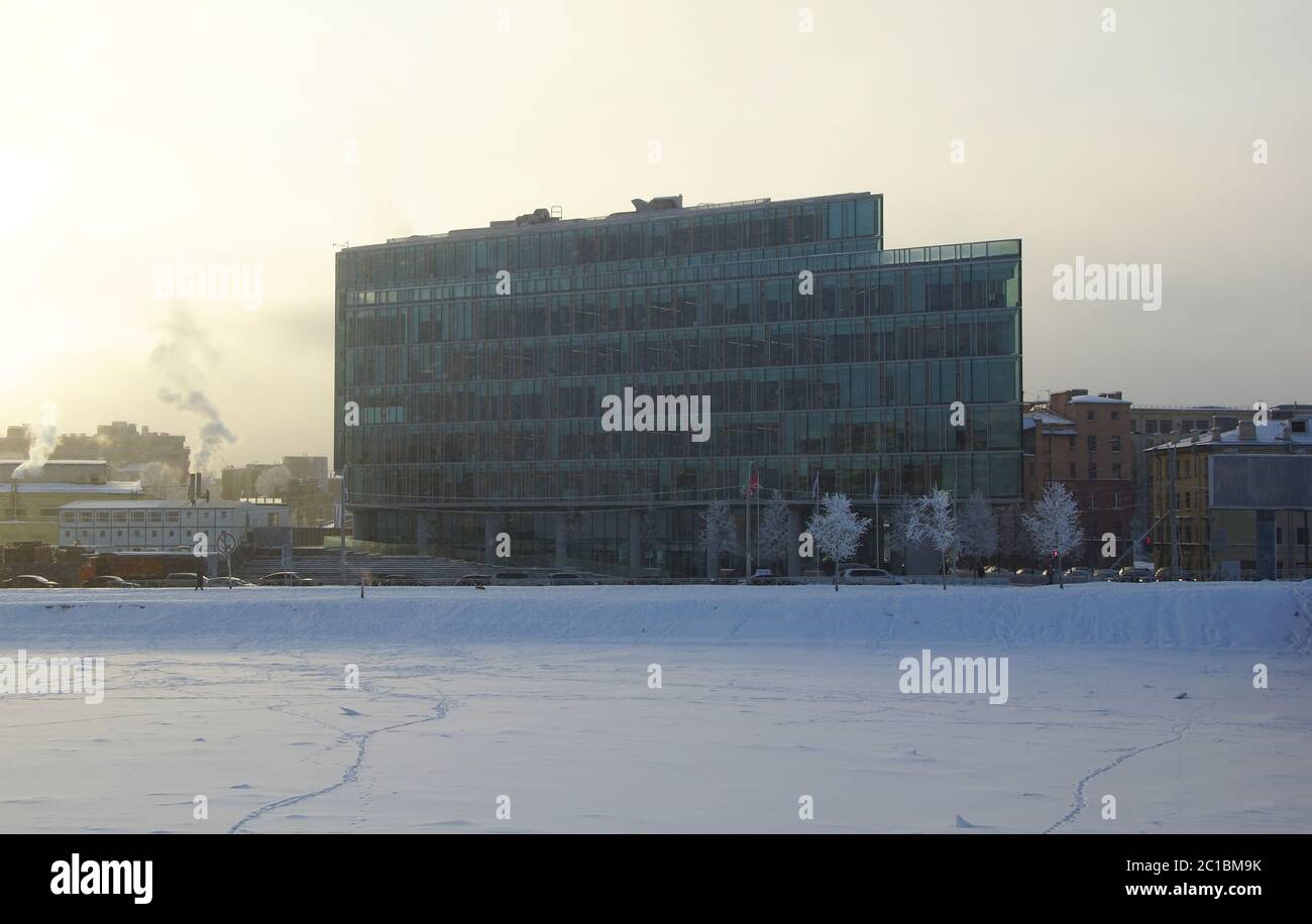 Winter frosty morning and glass house on the Malaya Nevka embankment Stock Photo