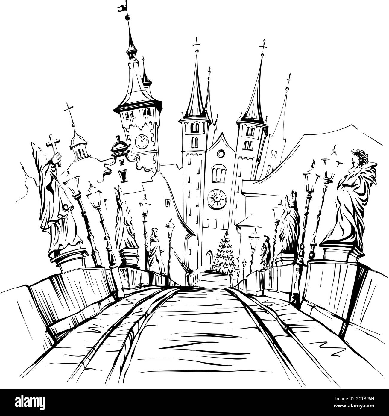 Vector sketch of Alte Mainbrucke, Old Main Bridge, with statues of saints in Wurzburg, Franconia, Northern Bavaria, Germany Stock Vector