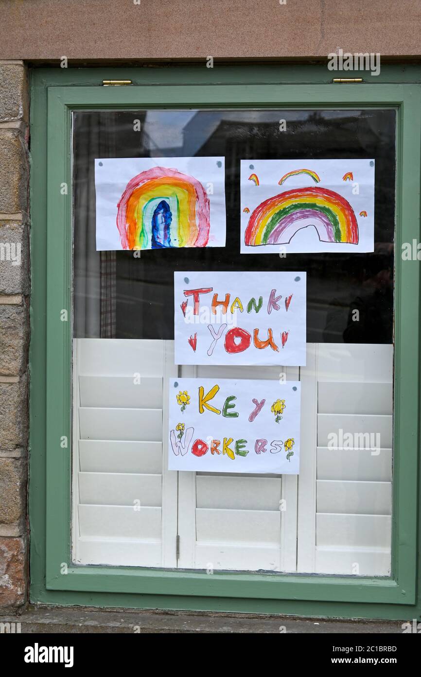 Rainbow message of thankyou in windows during coronavirus lockdown 2020 Derbyshire England Stock Photo