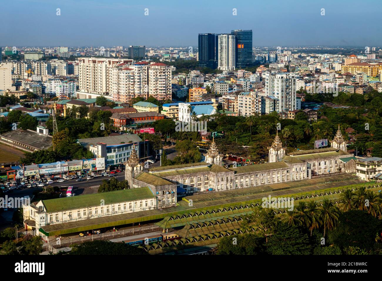 Yangon Central Railway Station and The Yangon Skyline, Yangon, Myanmar