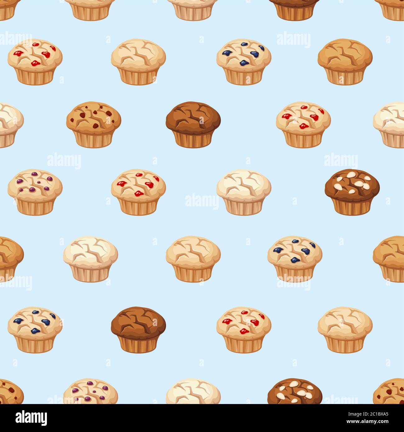 Vector seamless pattern with muffins on a blue background. Stock Vector