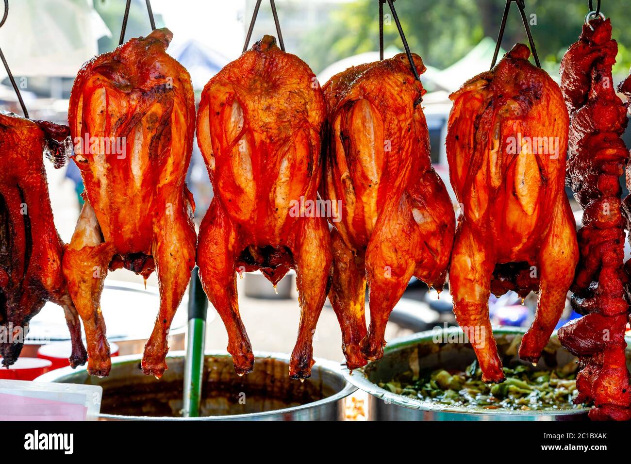 Cooked Chickens On Display At A Street Food Stall, Yangon, Myanmar. Stock Photo