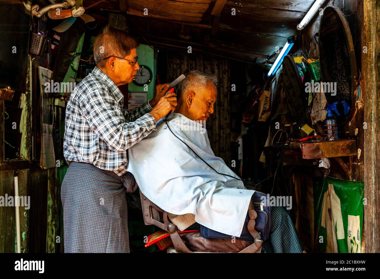 A Barber Shop In Yangon, Myanmar. Stock Photo