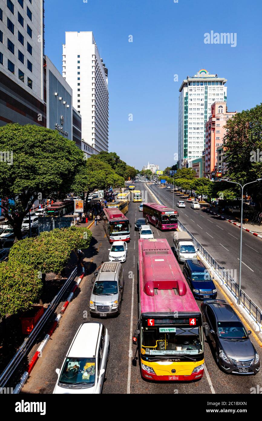 Traffic In Downtown Yangon, Yangon, Myanmar. Stock Photo