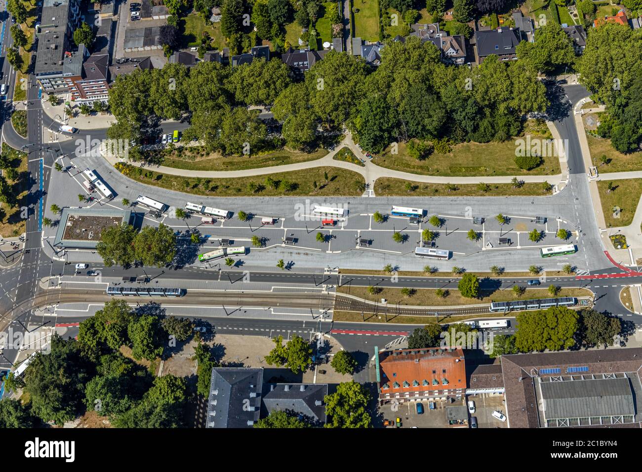 aerial view, bus station Gelsenkirchen-Buer, ZOB, public transport, central bus station, Buer, Gelsenkirchen, Ruhr area, North Rhine-Westphalia, Germa Stock Photo