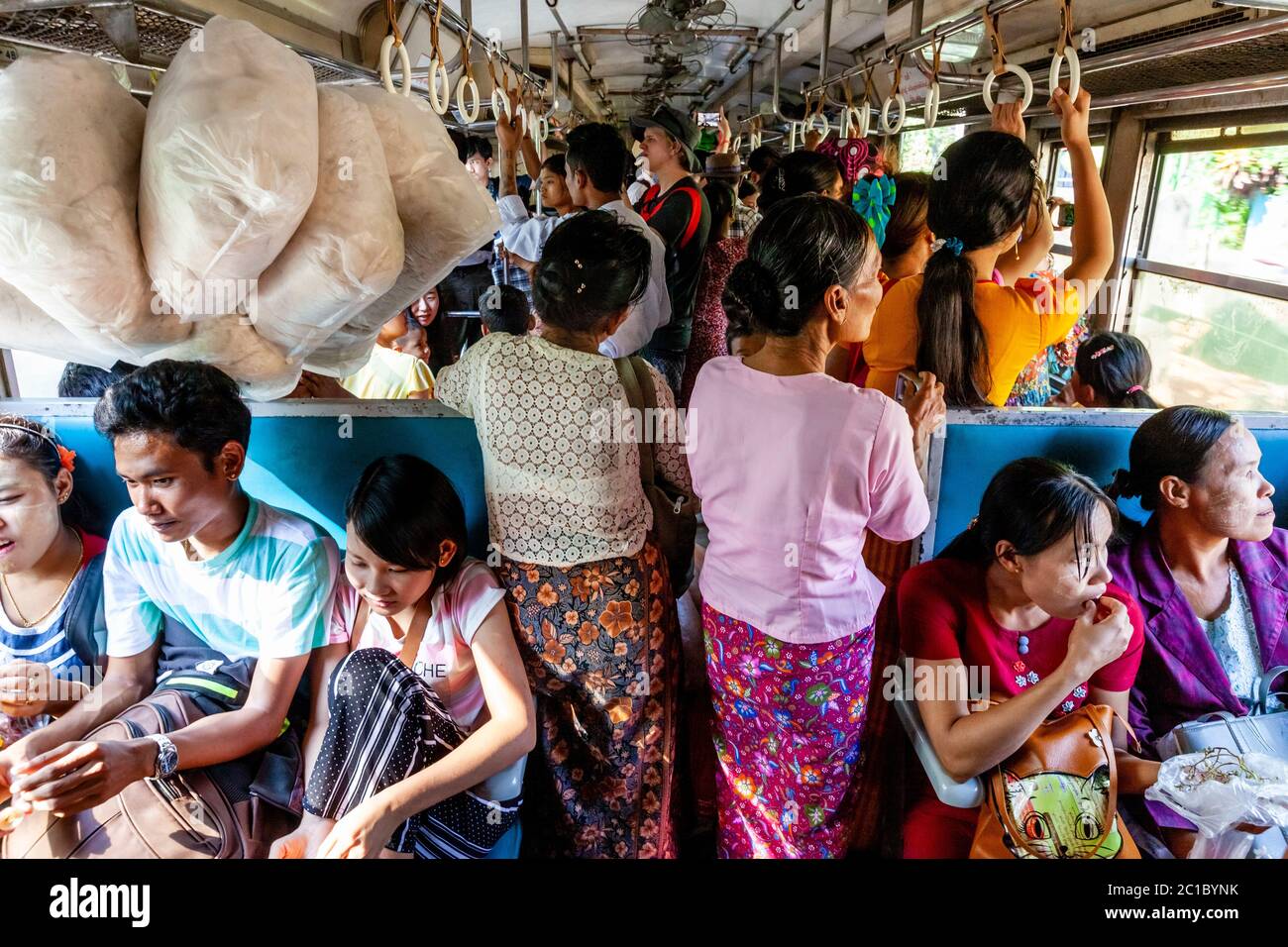 Local People On A Circle Line Train, Yangon, Myanmar. Stock Photo