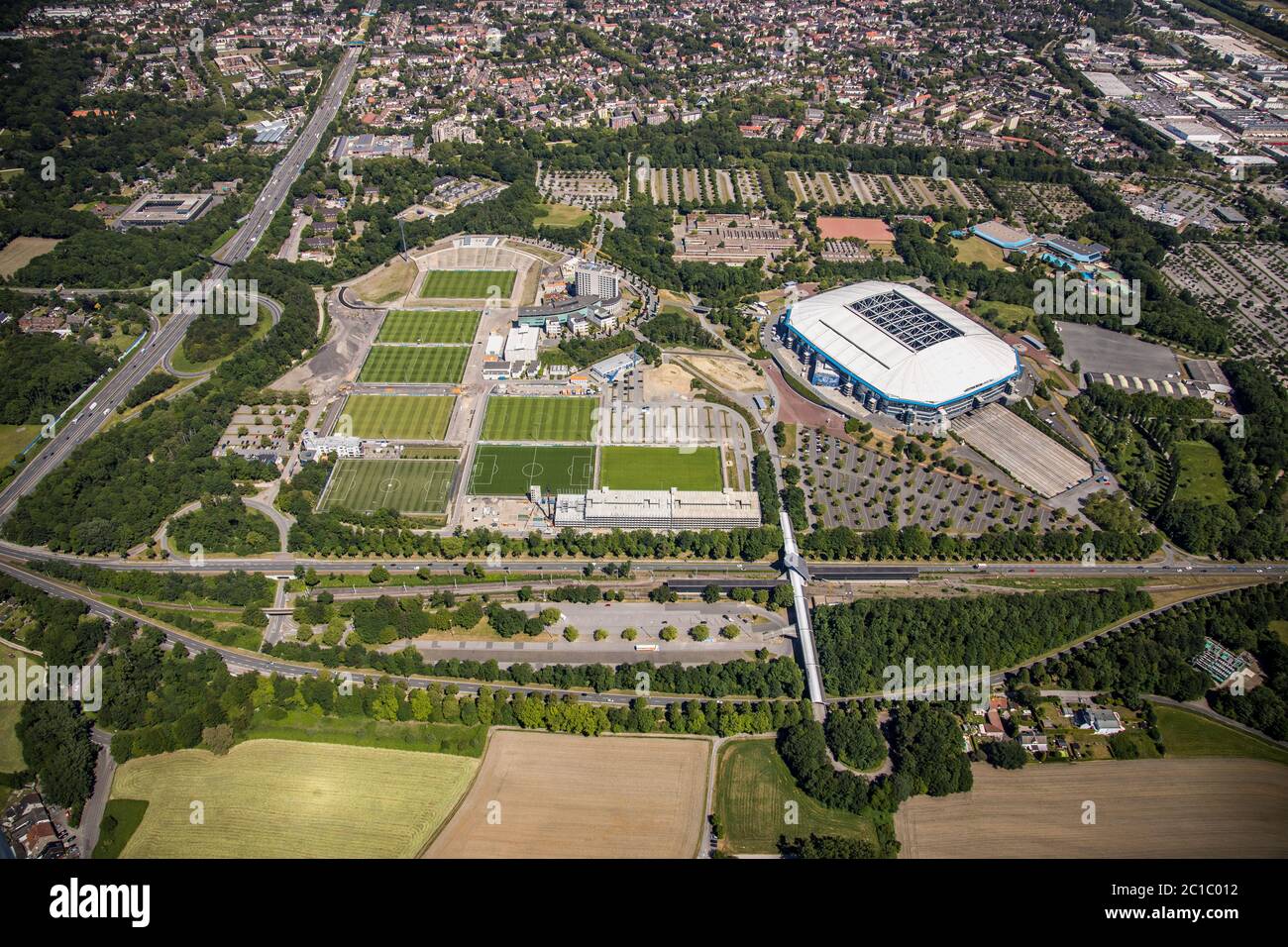 Aerial view, Schalke 04, Arena Auf Schalke, Veltins-Arena, football stadium, training grounds of FC Schalke 04, Courtyaerd Hotel, Medicos. AufSchalke Stock Photo