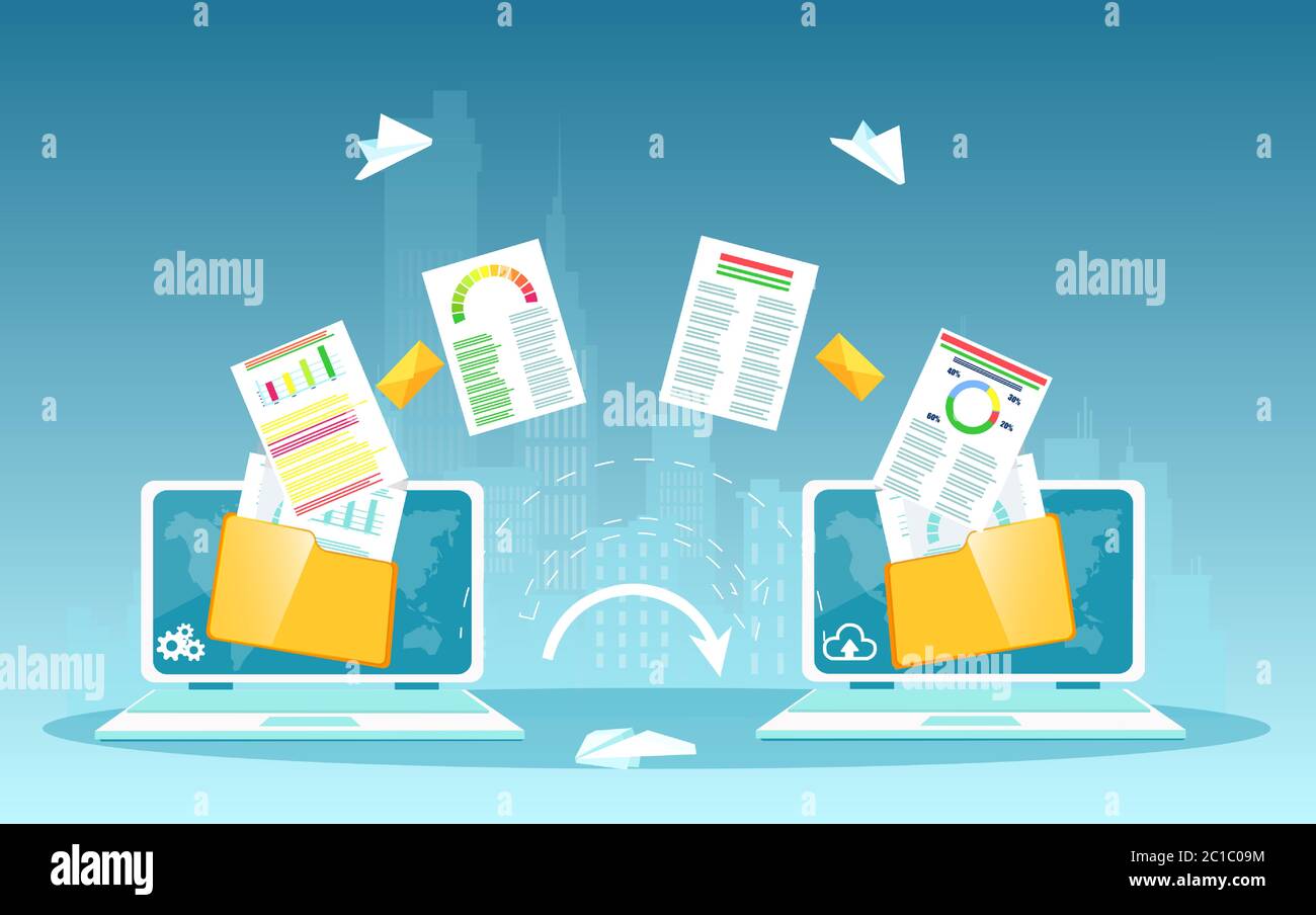 Vector of two laptops and financial file transfer process from one into ...