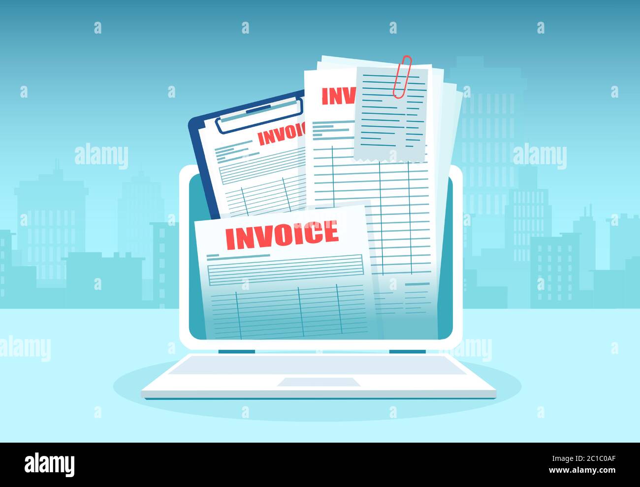 Vector of online invoice with bills coming out of laptop computer Stock Vector