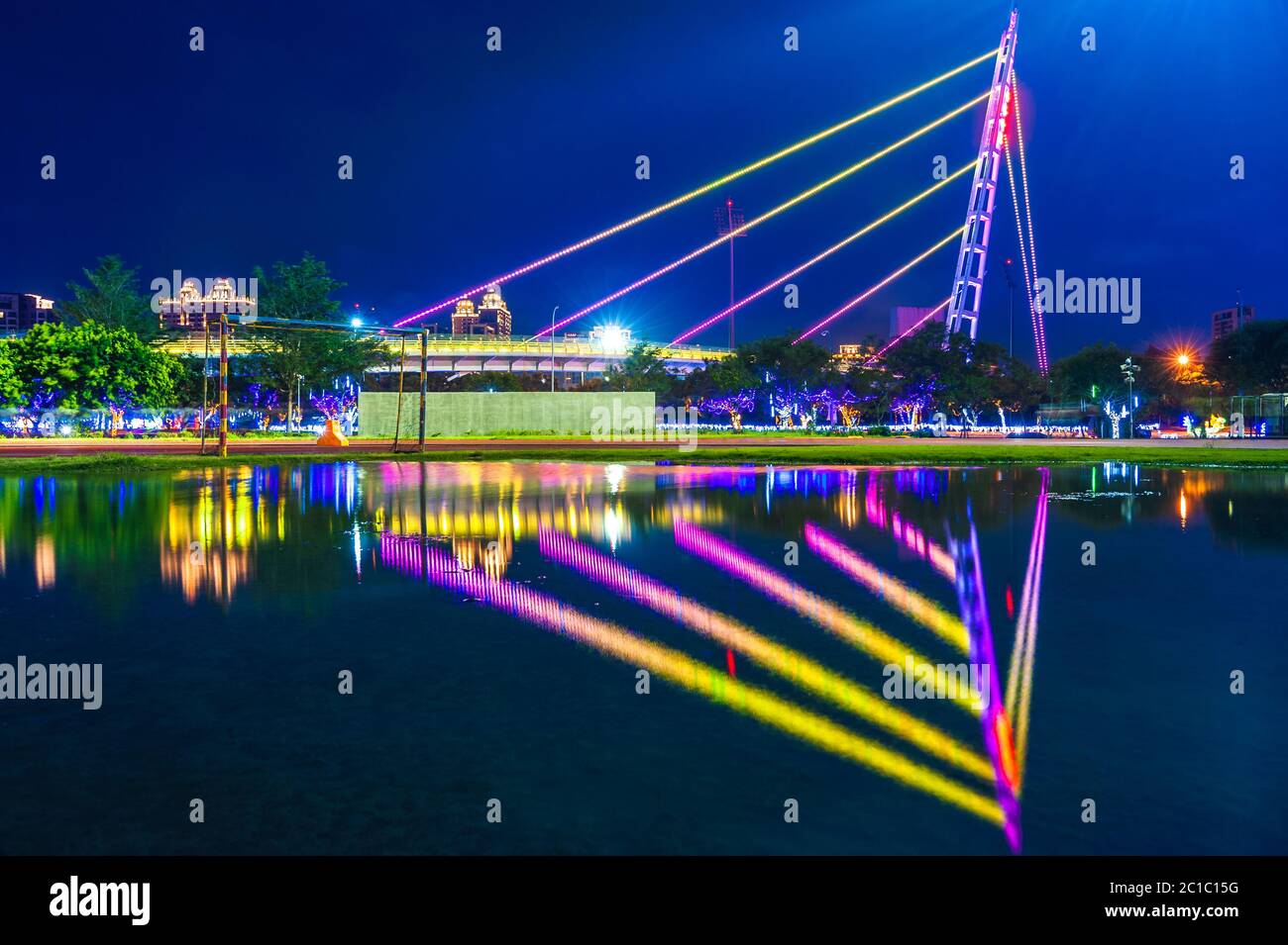 Zhubei, Taiwan - October 9, 2015: Cable-Stayed Bridge at night. It is a landmark of Zhubei city that connects the Hsinchu County Stadium and second st Stock Photo