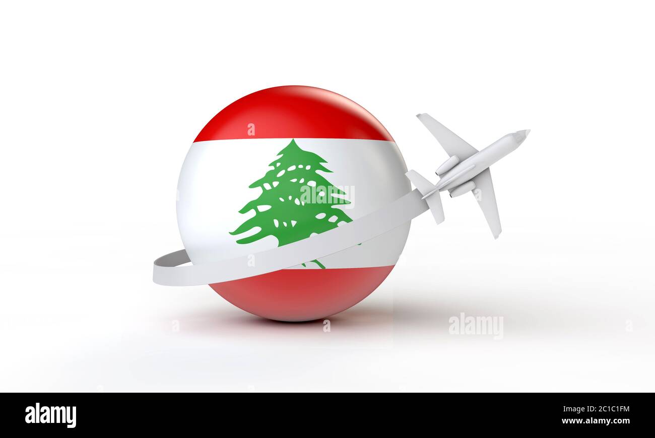Travel to Lebanon concept. Airplane flying around flag. 3D Rendering. Stock Photo