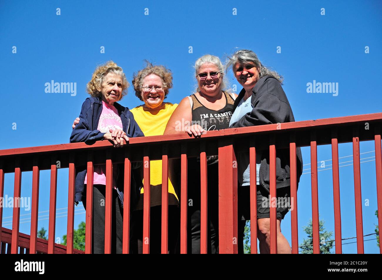 Goup of female cousins posing on porch deck. Stock Photo