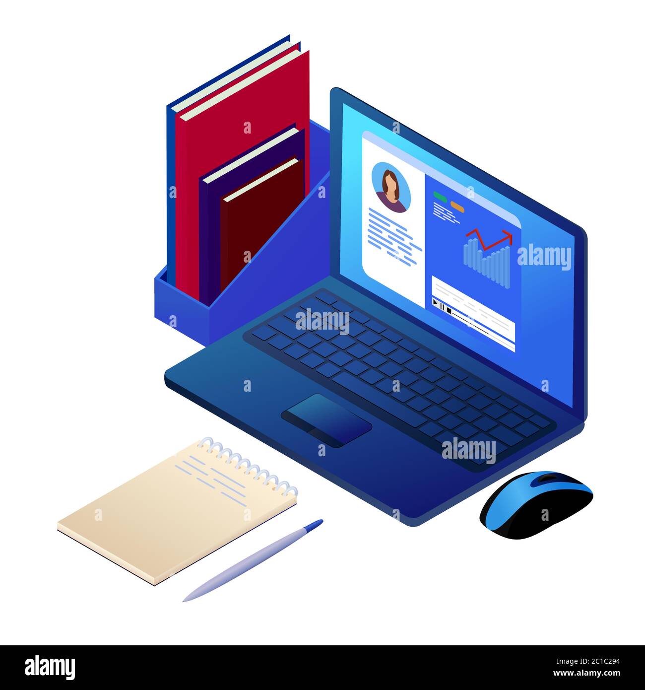 Laptops Distance Learning isometric online learning concept. laptop with video tutorial on screen ...