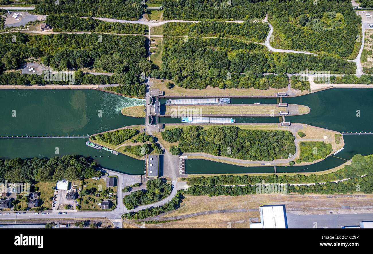 Aerial photo, canal lock Gelsenkirchen, North chamber, South chamber, Schalke, Gelsenkirchen, Ruhr area, North Rhine-Westphalia, Germany, DE, Europe, Stock Photo