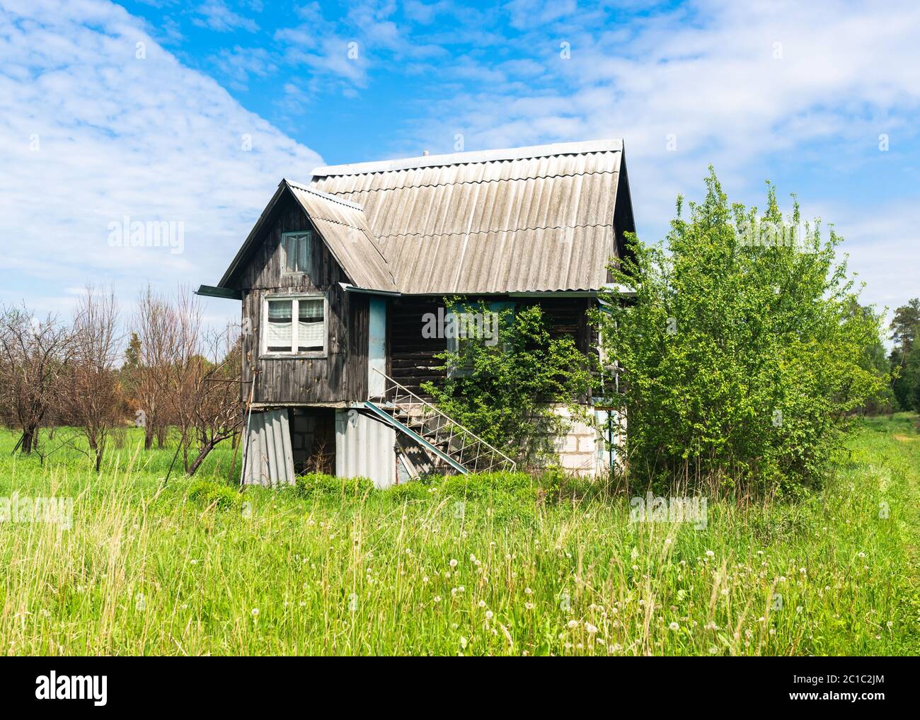 Old village abandoned house in thicket of grass and bushes under a Sunny blue sky. High quality photo Stock Photo