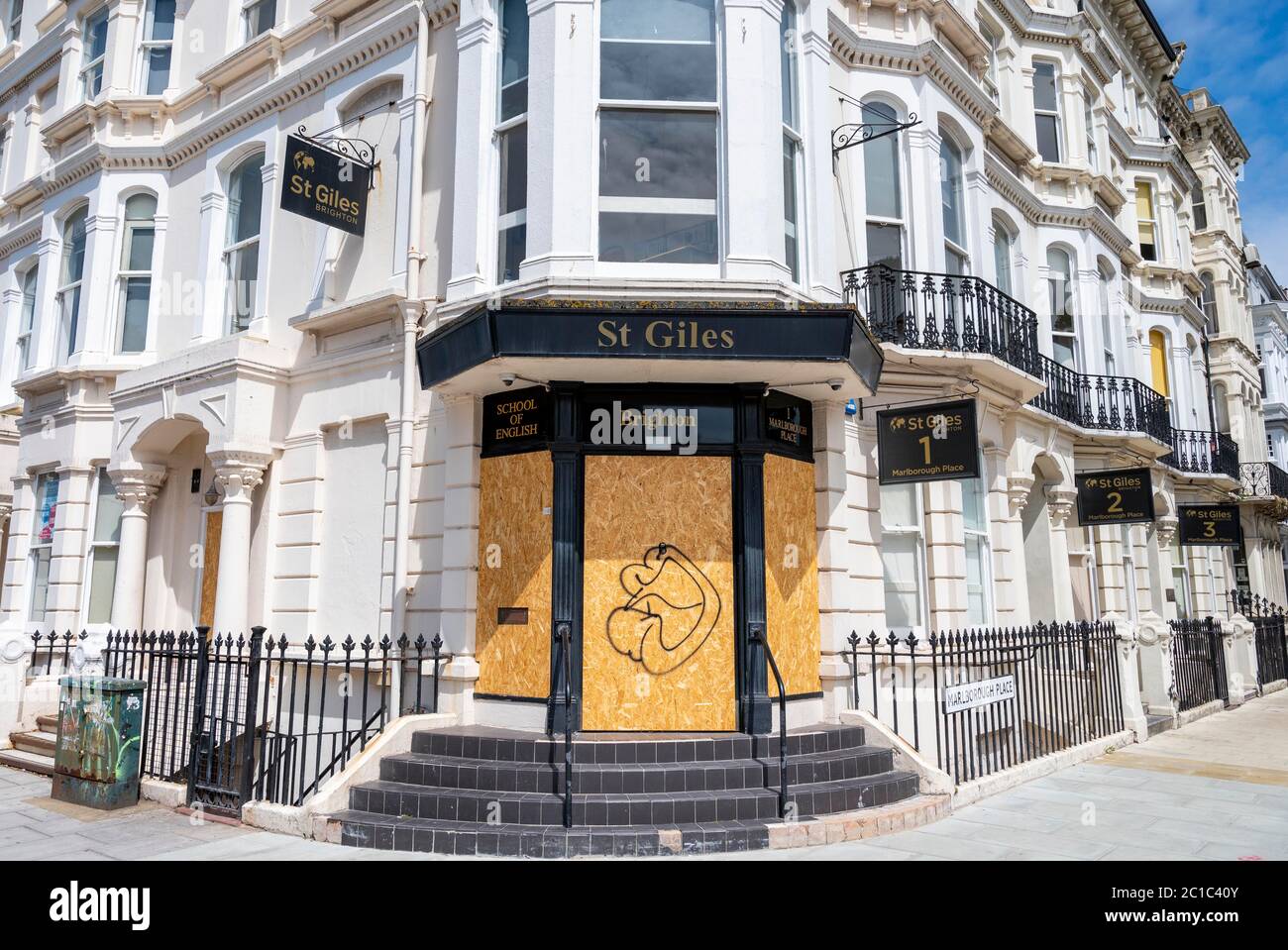 The St Giles English Language School for foreign students in Brighton which has been boarded up during the coronavirus COVD-19 lockdown in the UK Stock Photo