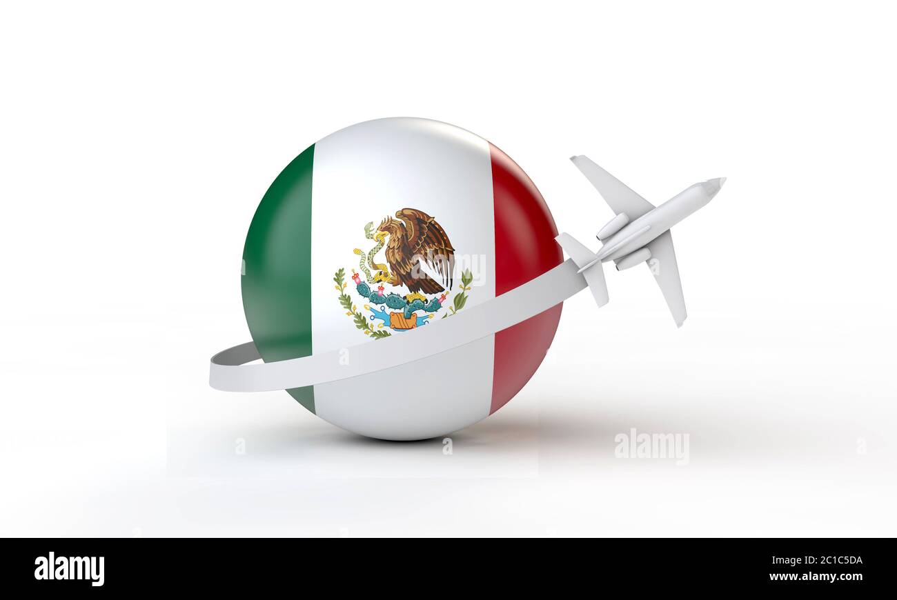 Travel to Mexico concept. Airplane flying around flag. 3D Rendering